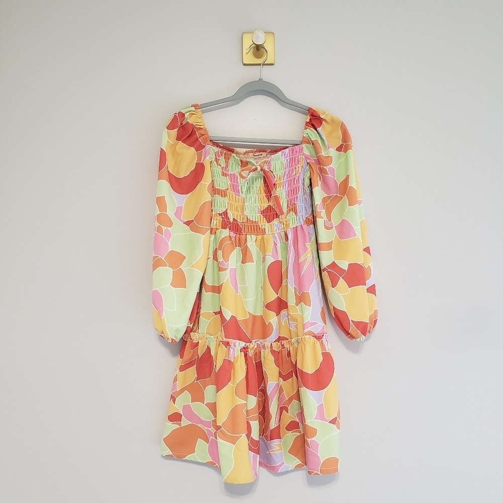 Sunday Up Long Sleeve Mini Dress Women Small Multicolor Abstract Floral Smocked